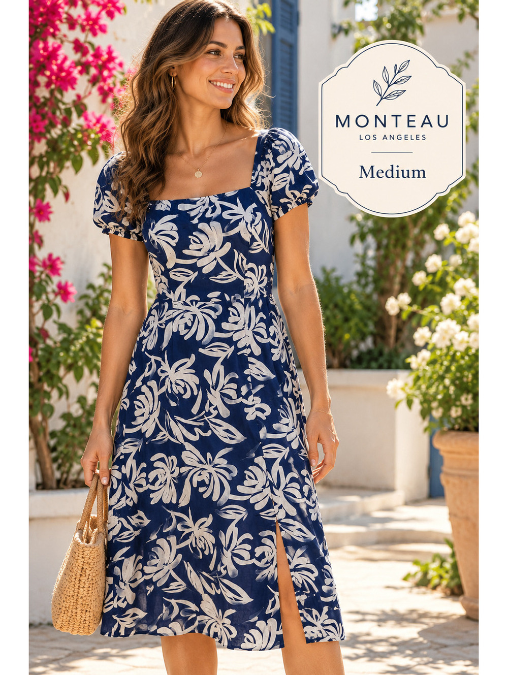 Monteau Los Angeles | M | Navy White Floral Puff Sleeve Midi Dress
